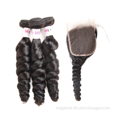 Megalook Hair Discounts Wholesale Natural Color Unprocessed Virgin Remy Double Loose Wave Peruvian Bundles With Closure